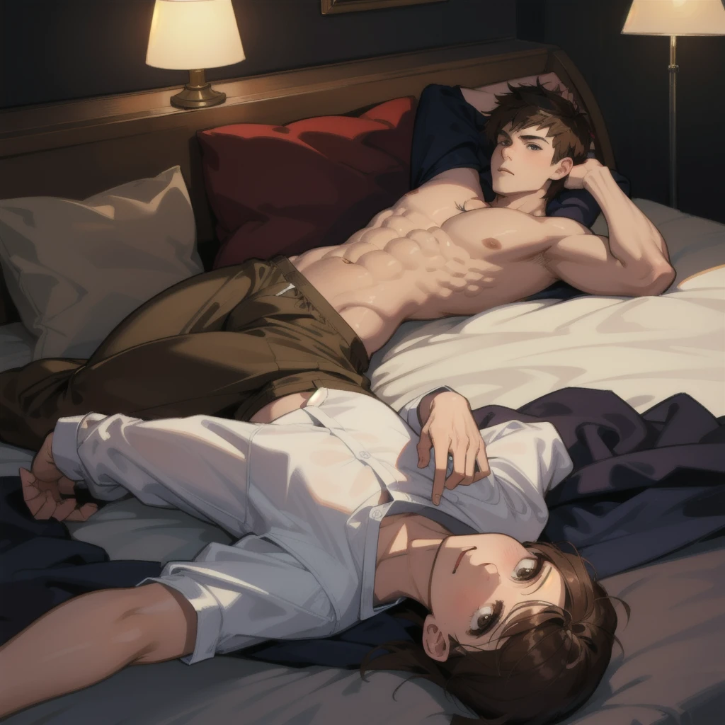 Boy, brown hair, boxers, lying on bed, holding phone, night time, lamp, hand in boxers