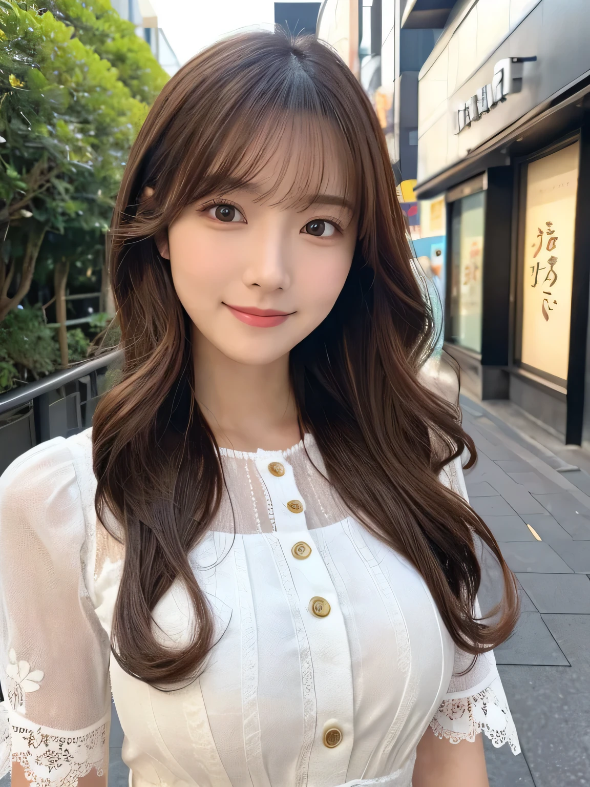 Realistic:1.2,masterpiece,Highest quality,98k,((One Woman)),20-year-old,Japanese women、Tight waist,Perfect Anatomy, Brown Hair, Wavy Hair,Random Hairstyles,Big beautiful breasts,((Fully detailed face and eyes:1.2))((Cute face:1.2)),Random Pause,smile、lace short blouse、Full Body Shot,Natural Face,tokyo city at the harajuku city