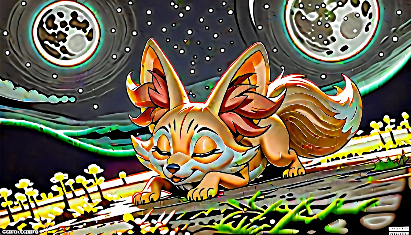 score_9, score_8_superior, score_7_superior, score_6_superior, score_5_superior, score_4_superior, (alone)Cute Fennekin creature Pokemon, Fox, mystery的な森, dream, mystery, unknown, Sleeping Under the Stars, moon, at night, dreamscape theme, Astral, Celestial, Line art,