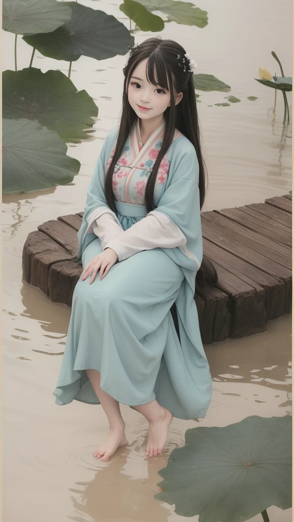 ((4k,masterpiece,best quality)), Bisim, Traditional Chinese ink painting, lotus, hanfu, maxiskit, Dress conservatively 1girl, Solitary, Blue long hair, Smile, permanent, Feet in water, barefoot,