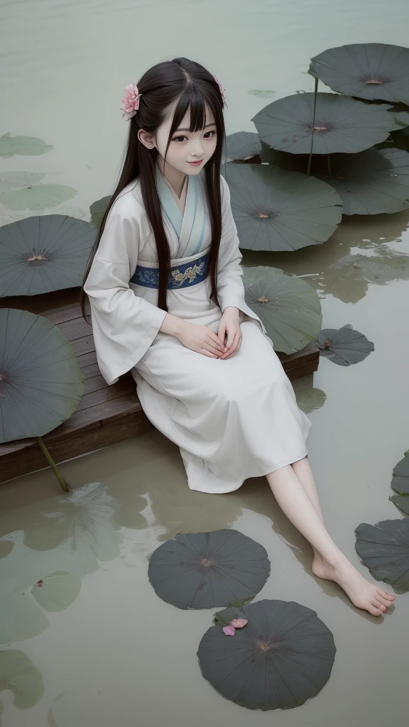 Chinese ancient style，rnlong hair,graceful curves，Sit slowly、naturey，On the riverside，Graceful figure，Gentle and generous，Silk tunic，white colors，Blue，Thick with willows，soft sun light，The water is rippling，The surface of the river is clear。 --auto
