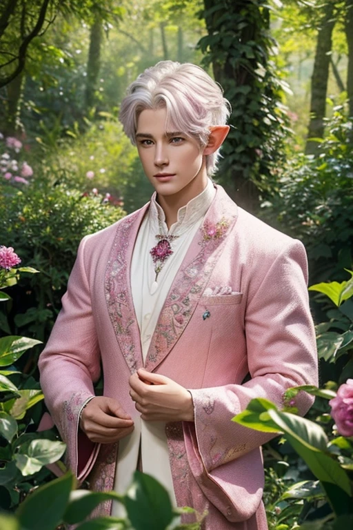best quality,masterpiece,Ultra high detail,A handsome muscular fractal white hair forest elf druid prince, Short hair,,),(wearing pink and Magenta wardrobe with jewelry ),realistic, flower garden forest wonderland background, light environment , in action ,