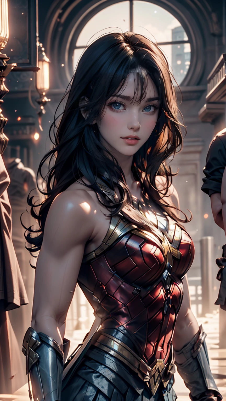 A scene from a movie, DC Wonder Woman Close-up, Distorted Space, Twisted undead in the background, Lens flare, Light Shaft, Intricate details, Detailed, Volumetric lighting, 4K Rendering, Stock Photo, Surreal, Realistic texture, Dramatic lighting, Unreal Engine