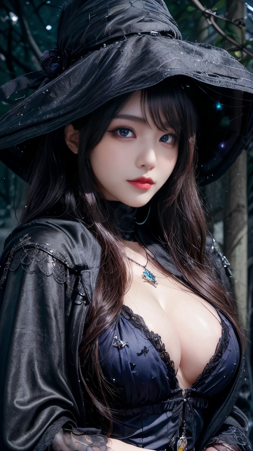 (Fatal Beauty,A charming villain,witch) ,(A supple and powerful physique),(Sensual charm),(Mysterious charm:1.1),(Captivating silhouette),((((Rainbow Eyes))))、((((big sapphire necklace))))、(Highest quality,High resolution:1.2),(dark,Threatening:1.1),((dark horror theme:1.5),(Thriller:1.5)),(Dark fantasy:1.5),  (((Countless stars fly away:1.5),(Absurd:1.5),(wonderful:1.5))),Woman in a dress, (Powerful numbers:1.1),(((Big Breasts))),(((Muscular:1.1))), cute face, Sexy Face, , Very detailedなbeautiful女の子, (Ideal body type:1.8), Very detailed faceexpressive lips, (とてもbeautiful、Crisp big eyes:1.5), Fine skin., All features are shown in detail., The outline of the fingers is beautifully drawn....., The nose is precisely shaped., expressive lips, Perfect Anatomy,cute、Realistic、(Front view:1.4),(Face Focus:1.3), realistic girl rendering, 8k artistic german bokeh, Enchanting girl, Real Girls, Gurwitz, Gurwitz-style artwork, Girl Roleplay, Realistic 3D style, cgstation Popular Topics, 8K Portrait Rendering,(truth，truth：1.4),Sexy Body,( Very lean body:1.6),Sexy pose, blush, Attractive body, Very curly hair, Purple Curly Hair, very big hair, Very curly hair, prime color,Urban,Very detailed,masterpiece,Intricate details,Faded,Very detailed, Eye on the details,Intricate details,暗くてSpooky atmosphere,  spiritual being, Unforgettably beautiful, Ghostly figures, Shadow-like shape, Spooky whispers, Ominous Aura, Goth Maiden,  Like dazzling fur in a starless haze,Her Mogul Snaps, Mysterious Cemetery,Black hair swaying in the moonlight, She summons darkness, (beautiful: 1.7), (Black Hat: 1.6), (An intricately decorated jet-black cloak: 1.6), (Delicately decorated cloak, Despite the damage: 1.5), Hypermaximalist,  Breathtaking oil paintings, Surreal, Ultra-realistic digital illustrations that mimic the style of oil paintings, wonderful構成,  (Shining Eyes:1.6)、(Glowing Eyes:1.1),(hellish landscape:1.1),(fire,sulfur:1.1),(Threatening atmosphere:1.1),(dark shadows,Threatening presence:1.1),(Unlucky Clouds,Stormy Skies:1.1),(dark,Spooky atmosphere:1.1),(Aura of misfortune,Evil energy:1.1),(dark aura,cigarette:1.1),(Extreme heat,Burning Flames:1.1),(Nightmare Visions:1.1),(Predicting the end:1.1),(Whispers of misfortune,Devilish Laugh:1.1),(Cries of pain,echoing screams:1.1),(Bad luck symbol,Ancient runes:1.1),(Mysterious Relic,dark art ifacts:1.1),(Infernal Ritual,Ritual sacrifice:1.1),(Eternal Ruin,A hopeless existence:1.1),  Inspired by abandoned mech backgrounds. Art created by Craig Mullins, Necrostyle., Detailed Description, Futuristic sci-fi scene. Focus on SFCon