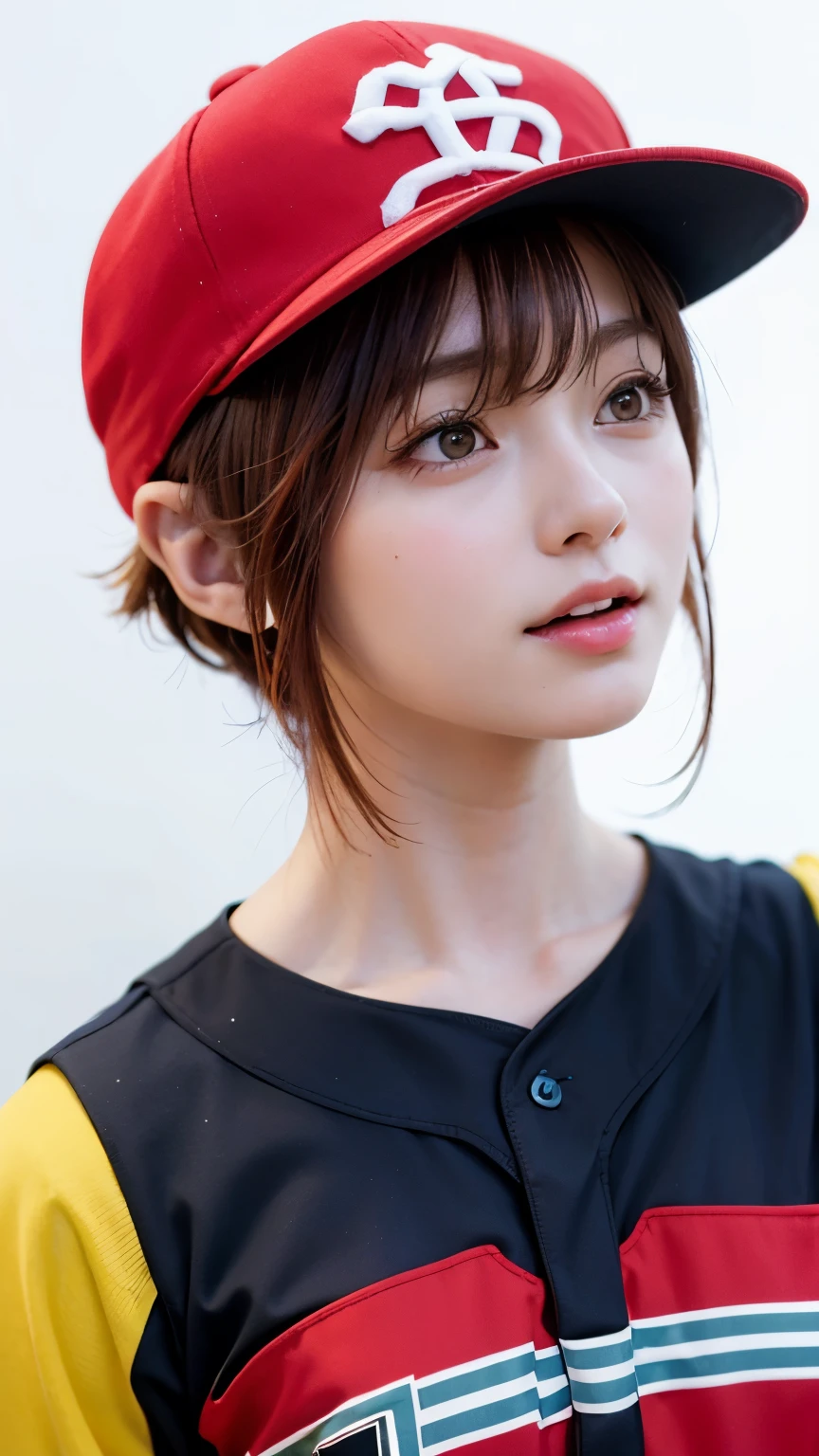 (Highest quality、8k、32K、masterpiece)、(Realistic)、(Realistic:1.2)、(High resolution)、Very detailed、Very beautiful face and eyes、1 Girl、Round and small face、Tight waist、(close、Highest quality、Attention to detail、Rich skin detail)、(Highest quality、8k、Oil paints:1.2)、(Realistic、Realistic:1.37)、Bright colors、(((Red hair)))、(((Upper Body Shot)))、(((Medium Hair)))、(((White wall background)))、(((Fun expression)))、(((Baseball uniform)))、(((Red uniform)))、smile、(((short hair、Baseball cap)))