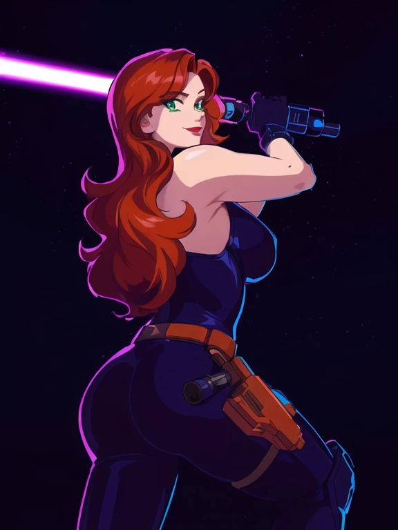 (Detailed face:1.2), (Detailed eyes:1.2), (Perfect figure:1.2), CARTOON, ANIME, CARTOON ARTSTYLE, vintage science fiction, Star Wars based environment, extremely detailed face, long eyelashes, (Mara Jade), Mara Jade Skywalker, long orange hair, bright green eyes, red lipstick, attractive body, athletic figure, bubble butt. She's looking at the camera with a thrilled smile and arrogant smirk. She's wearing a tight shiny black leather suit, black gloves, gun holster, utility belt and high-heel boots. Upper body shot, back view, ass view. She holding a purple lightsaber. Background: Outer Space, stars, cosmic clouds, Chain of fractal nebulae, cosmic, Celestial