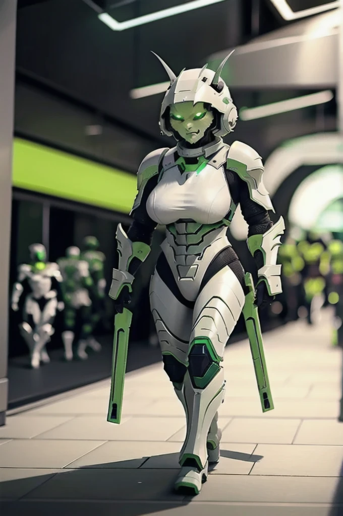 A 21 year old、Strong build、Wearing《Doom》Green Doom Marine armor、Full breasts、Strong woman holding giant futuristic rifle,walking down hallway of futuristic space station