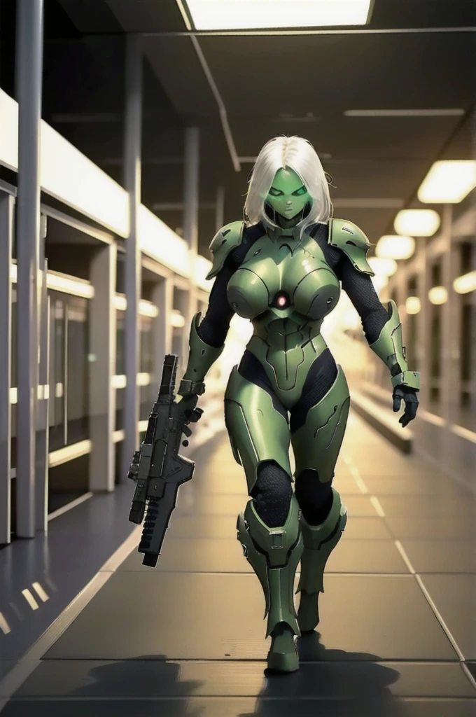 A 21 year old、Strong build、Wearing《Doom》Green Doom Marine armor、Full breasts、Strong woman holding giant futuristic rifle，walking down hallway of futuristic space station