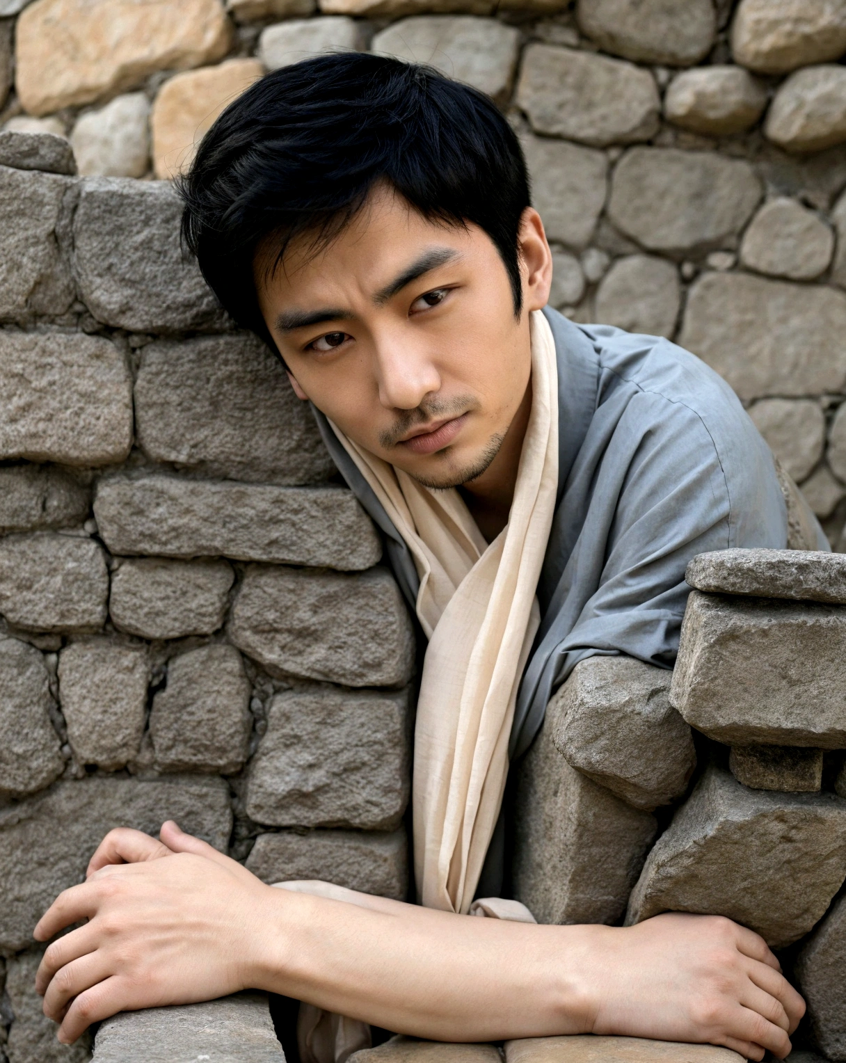 arafed asian man leaning against a stone wall with his arms crossed