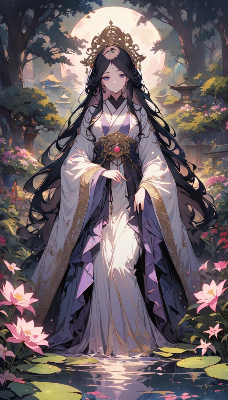 Empress Jiuyou is a stunning and majestic figure with long, flowing black hair that shimmers with a mystical glow. Her deep violet eyes are filled with wisdom and a touch of sadness. Her flawless, pale skin gives her an almost ethereal appearance. She is dressed in an elegant, modest Hanfu, featuring wide sleeves, a high collar, and layers of delicate, pastel-colored fabrics adorned with intricate patterns and sparkling gemstones. The Hanfu should cover her completely while accentuating her slender, regal figure,Set the scene in a beautiful imperial garden under the moonlight. The garden is filled with blooming flowers, ancient trees, and a tranquil pond with lily pads. Stone pathways meander through the lush greenery, leading to a traditional pavilion with ornate wooden carvings. The moon casts a soft, silvery light over the garden, creating a serene and enchanting atmosphere. Empress Jiuyou stands gracefully near the pavilion, her elegant Hanfu flowing gently in the night breeze. The overall scene should exude a sense of peace and natural beauty, highlighting her divine and regal presence against the picturesque backdrop of the imperial garden.