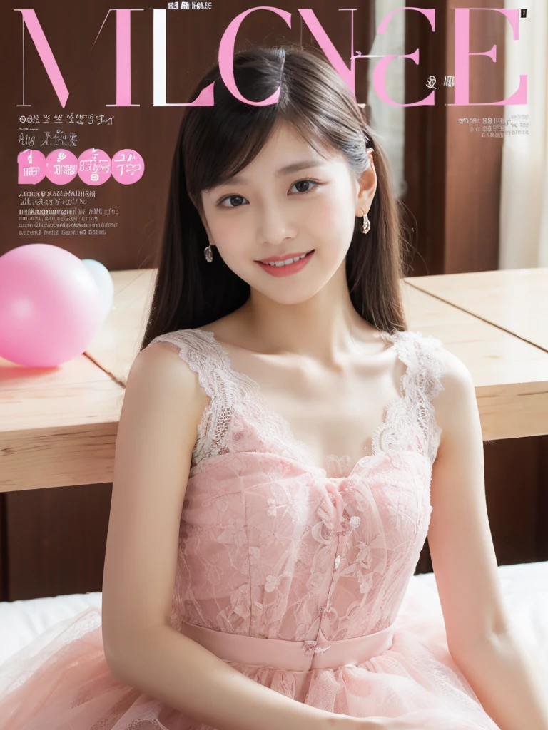 ((masterpiece, Top image quality, high resolution、Solitary、Glowing skin))(on the table, best quality, Practical, Very detailed, meticulous, high resolution, 8k wallpaper), Close-up portrait of a beautiful woman, like, Smile, Light brown messy hair, Perfect dynamic composition, 美丽meticulous的眼睛, Just like the cover of a fashion magazine, On Campus，Gorgeous clothing，Hot stamping clothing，A pink tulle dress，An 8-year-old girl，Long black hair，Wearing a pink bow hairpin，sit on the floor，Holding balloons in hand，White lace that doesn&#39;t go below the knee，Girls bedroom，Pink Girl&#39;Room decoration。