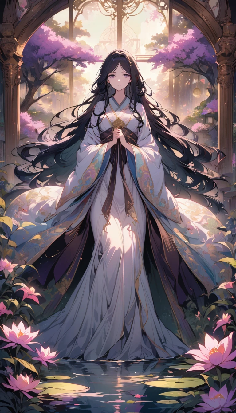 Empress Jiuyou is a stunning and majestic figure with long, flowing black hair that shimmers with a mystical glow. Her deep violet eyes are filled with wisdom and a touch of sadness. Her flawless, pale skin gives her an almost ethereal appearance. She is dressed in an elegant, modest Hanfu, featuring wide sleeves, a high collar, and layers of delicate, pastel-colored fabrics adorned with intricate patterns and sparkling gemstones. The Hanfu should cover her completely while accentuating her slender, regal figure,Set the scene in a beautiful imperial garden under the moonlight. The garden is filled with blooming flowers, ancient trees, and a tranquil pond with lily pads. Stone pathways meander through the lush greenery, leading to a traditional pavilion with ornate wooden carvings. The moon casts a soft, silvery light over the garden, creating a serene and enchanting atmosphere. Empress Jiuyou stands gracefully near the pavilion, her elegant Hanfu flowing gently in the night breeze. The overall scene should exude a sense of peace and natural beauty, highlighting her divine and regal presence against the picturesque backdrop of the imperial garden.