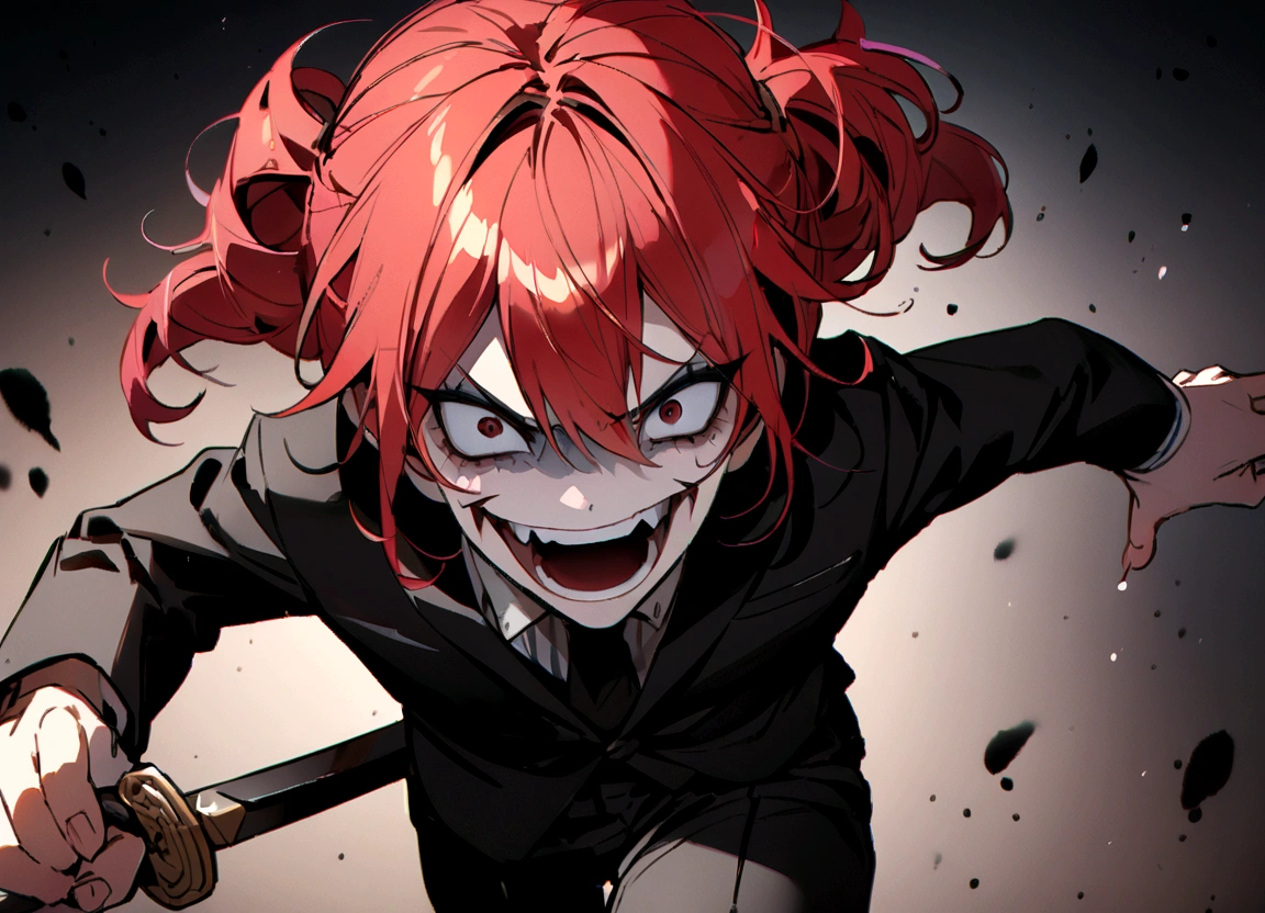 Red hair、Black suit、Black slacks、Wearing leather shoes、Holding a sword、Scary face