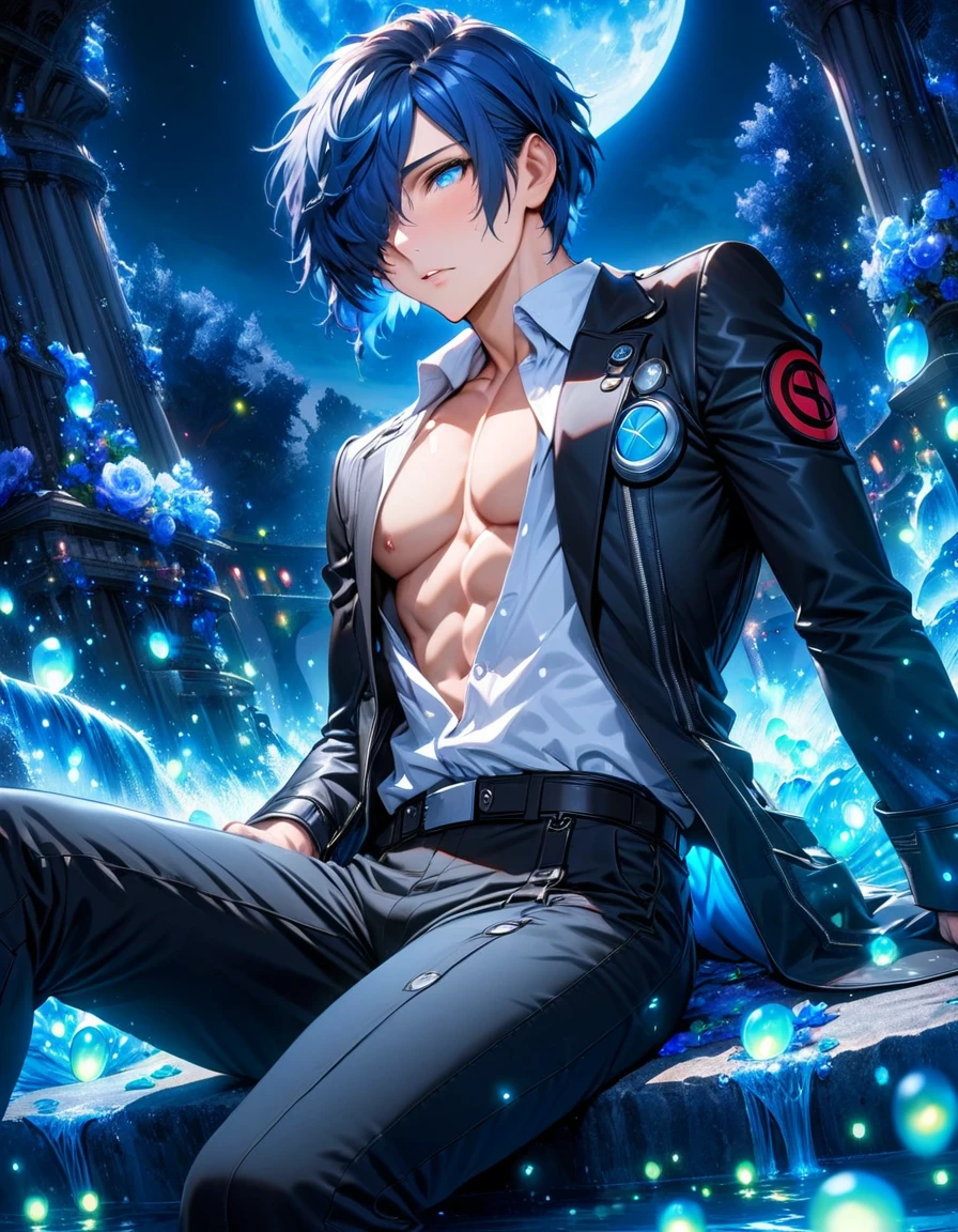 absurdres, highres, ultra detailed, HDR, masterpiece, Yuki Makoto, dark blue hair, hair over the left eye, expressive blue eyes, Persona 3, solo, sexy man sitting, handsome, toned chest, black jacket, white shirt, black pants, magical, fantasy, water, blue moon, starry, blue fireflies, blue flowers