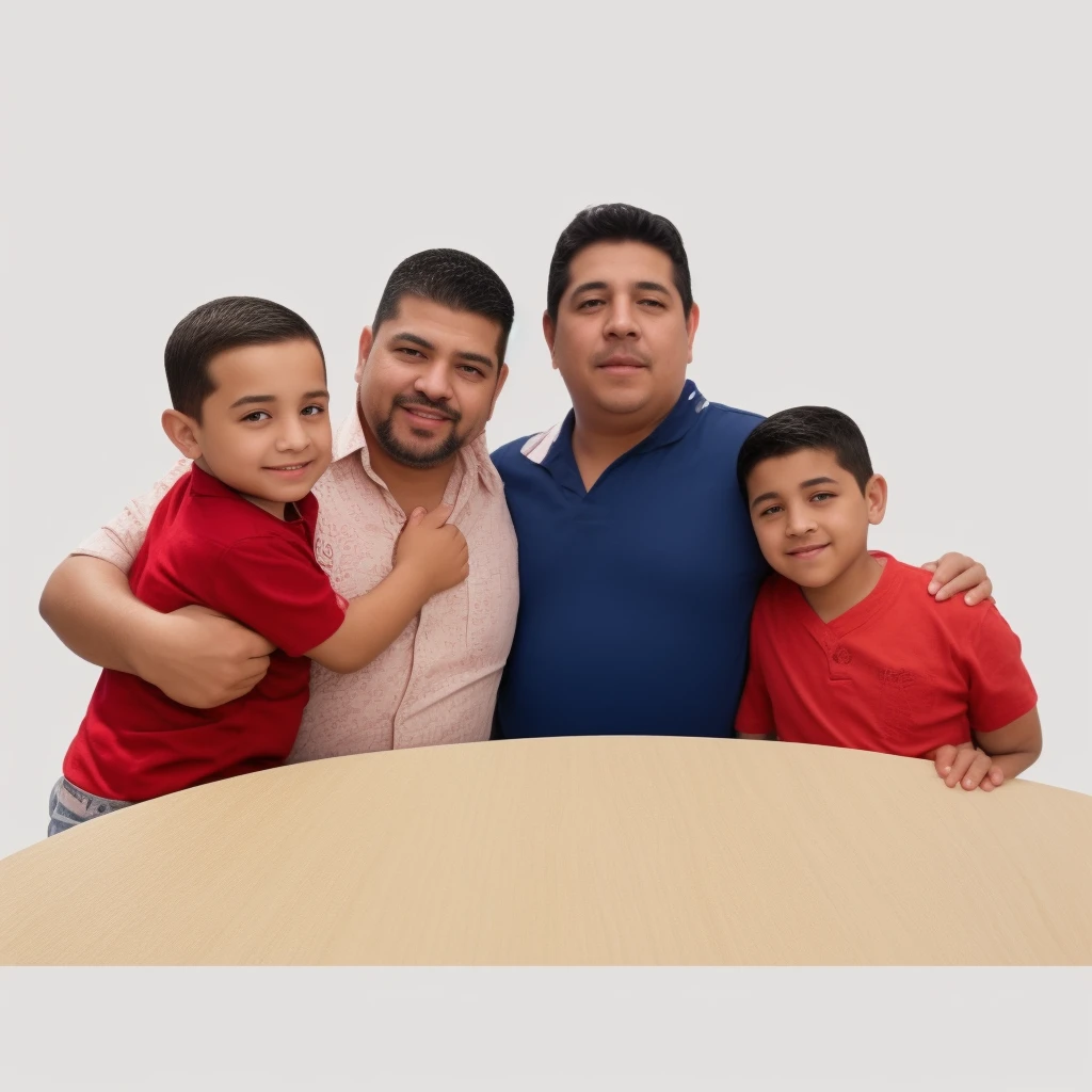 There are three men and a boy posing for a photo, eloy morales, luis nieves sr, jose miguel roman frances, carlos ortega elizalde, by Hugo Sánchez Bonilla, by Alejandro Obregón, by Manuel Ortiz de Zarate, padre, by Ric Estrada, by david rubin, fondo solido, zigor samaniego