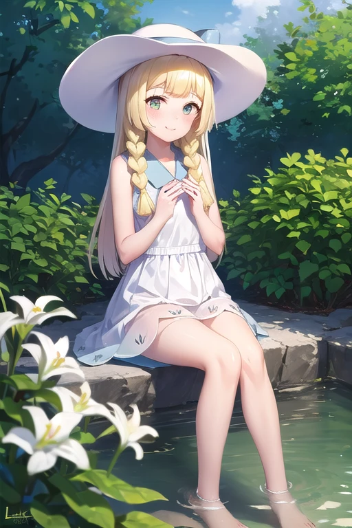 1 girl, masterpiece, top quality, lillie (pokemon), lillie, dress, green eyes, blonde hair, long hair, white dress, blush, white hat, big hat, looking at viewer, , braids, twin braids, blonde, Full body image, sitting, outdoors, nature, sky, cute, happy, nice smile, young, bright sunlight, lily flower, have flowers, white lily, waterside, fountain(masterpiece:1.2), best quality, high resolution, unity 8k wallpaper, (illustration:0.8), (beautiful detailed eyes:1.6), extremely detailed face, perfect lighting, extremely detailed CG, (perfect hands, perfect anatomy),