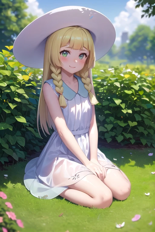 1 girl, masterpiece, top quality, lillie (pokemon), lillie, dress, green eyes, blonde hair, long hair, white dress, blush, white hat, big hat, looking at viewer, 10 years old, braids, twin braids, blonde, Full body image, sitting, outdoors, nature, sky, cute, happy, nice smile, young, bright sunlight, lily flower, have flowers, white lily, waterside, fountain(masterpiece:1.2), best quality, high resolution, unity 8k wallpaper, (illustration:0.8), (beautiful detailed eyes:1.6), extremely detailed face, perfect lighting, extremely detailed CG, (perfect hands, perfect anatomy),