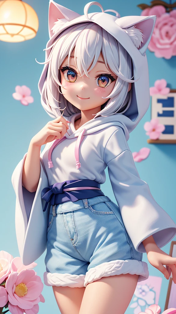 masterpiece、Highest quality、7 heads、whole body、リビングのテーブルに置かれたMiniature figureiniature figures、Beautiful Girl Figure、Real Doll、Japanese、(Detailed design)、One girl、Slim figure、White Hair、Wearing a blue hood、Cat ear hood、Denim shorts、Knee-high boots、smile、Are standing、Pastel Color Palette、Vivid Color、Bright lighting、Living Room Background、The background is blurry、Vignetting、