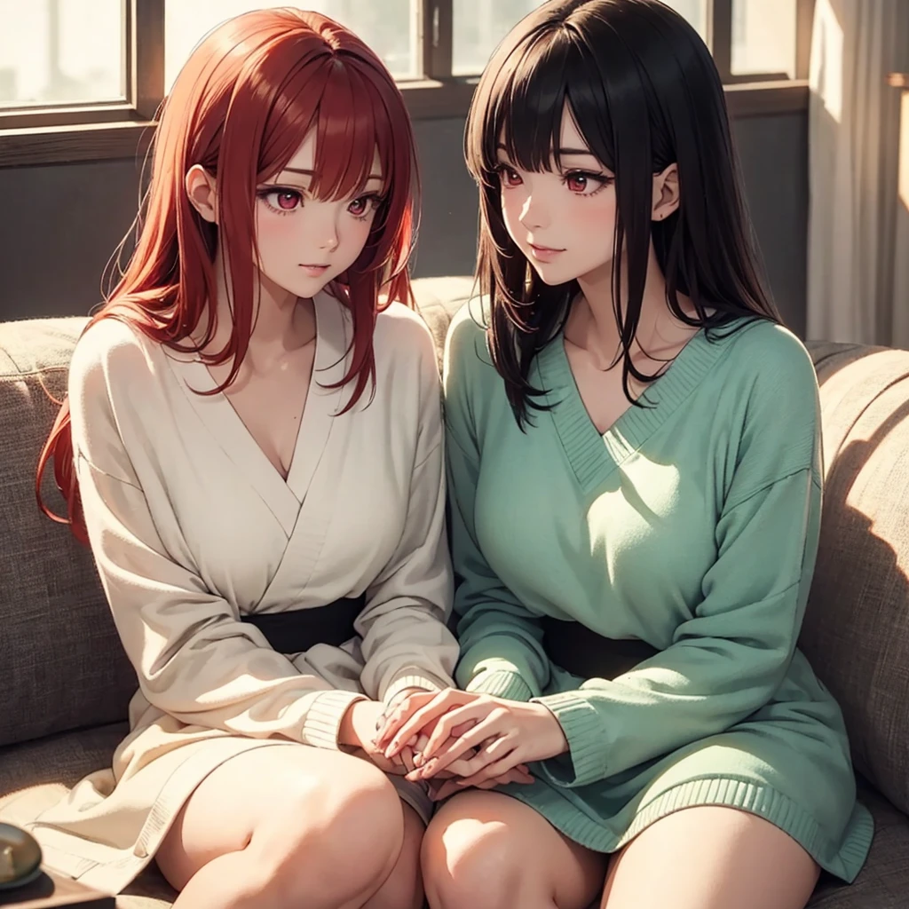 two beautiful young women, anime style, detailed faces, red hair, red eyes, delicate features, soft lighting, wearing casual outfits, holding each other closely, intimate pose, one gently touching the other's face, sitting on a cozy sofa, warm and inviting living room, relaxed and affectionate expressions, dynamic pose, Japanese anime style, high quality, highly detailed, 8k resolution, cinematic lighting, best quality, vibrant colors, Instagrammable, aesthetic, trendy