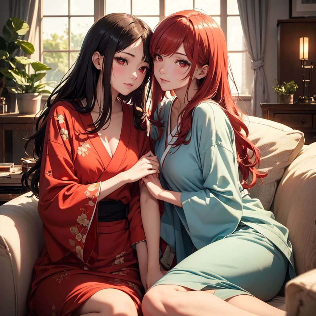 two beautiful young women, anime style, detailed faces, red hair, red eyes, delicate features, soft lighting, wearing casual outfits, holding each other closely, intimate pose, one gently touching the other's face, sitting on a cozy sofa, warm and inviting living room, relaxed and affectionate expressions, dynamic pose, Japanese anime style, high quality, highly detailed, 8k resolution, cinematic lighting, best quality, vibrant colors, Instagrammable, aesthetic, trendy