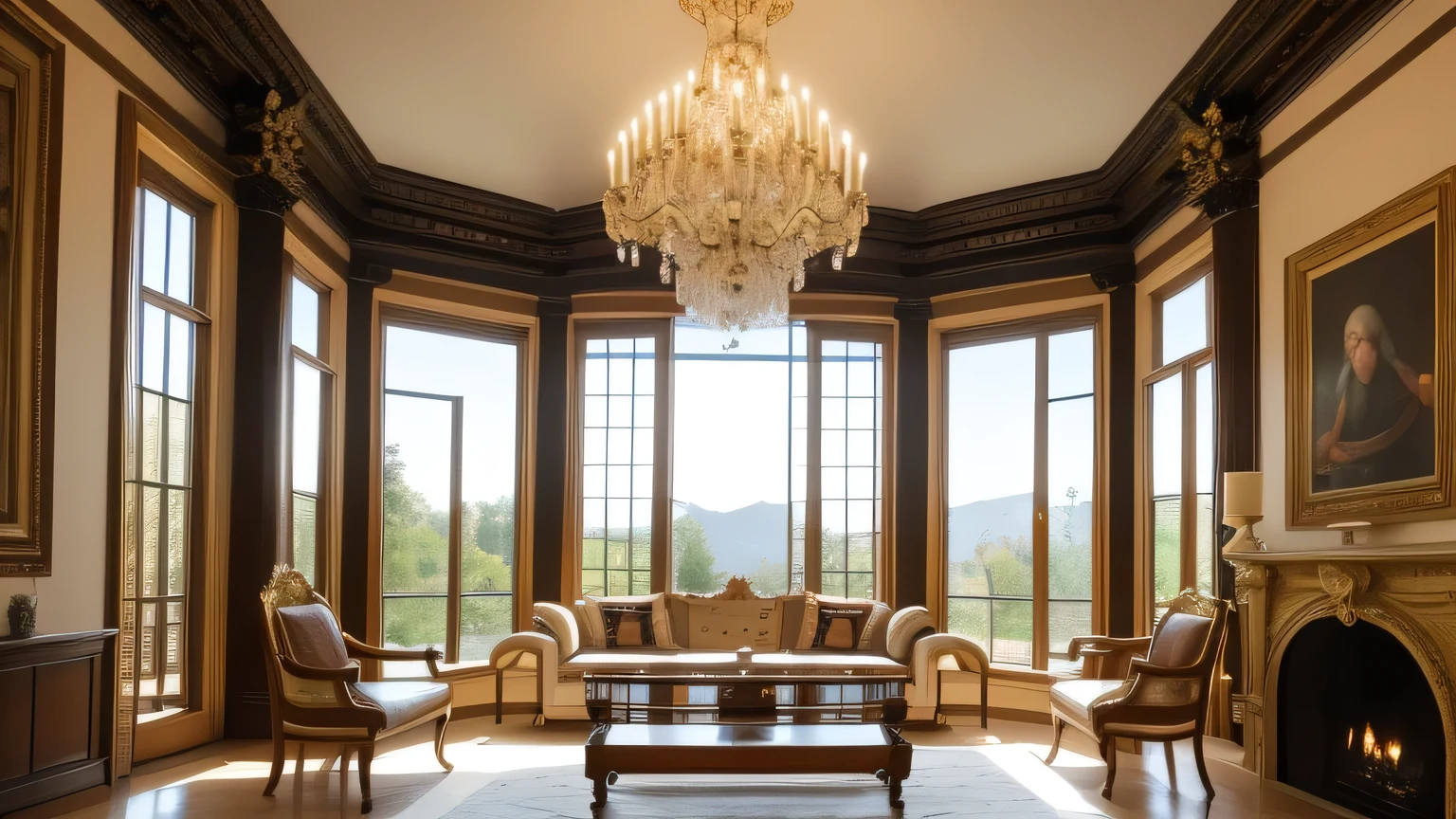 A bright living room in a Baroque-style villa with a large panoramic floor-to-ceiling window, a lit fireplace, simple Baroque-style decorative paintings, and simple wooden furniture.