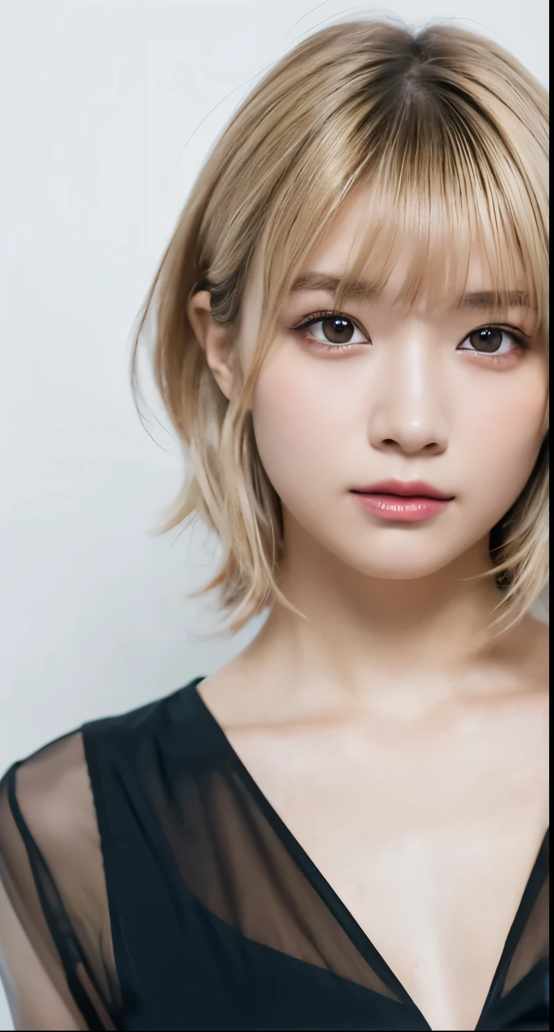 1 Girl,A beautifully detailed face:1.3、 ((very small flat chest:1.7))、(A sheer camisole with a loose fit around the chest:1.7), ((Wearing makeup:1.6))、Pink Eyeshadow:1.6、((Looking at the camera:1.3))、Very beautiful Japanese idol portraits, 
(RAW Photos, Highest quality), (Realistic, Realistic:1.4), (masterpiece), 
Very delicate and beautiful, Very detailed, 2k wallpaper, wonderful, finely, Very detailed CG Unity 8K 壁紙, Very detailed, High resolution, Soft Light, 
Beautiful detailed girl, Very detailed目と顔, Beautiful and sophisticated nose, Big beautiful eyes, Cinema Lighting, 
(Simple and solid background:1.3),
(Blonde medium hair:1.5), (Parted bangs), 
Complete Anatomy, Slender body,Very small breasts, Sensual look