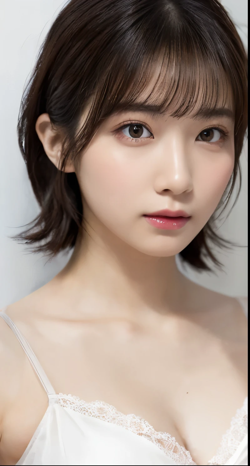 1 Girl,A beautifully detailed face:1.3、 ((very small flat chest:1.7))、(A sheer camisole with a loose fit around the chest:1.7), ((Wearing makeup:1.6))、Pink Eyeshadow:1.6、((Looking at the camera:1.3))、Very beautiful Japanese idol portraits,
(RAW Photos, Highest quality), (Realistic, Realistic:1.4), (masterpiece),
Very delicate and beautiful, Very detailed, 2k wallpaper, wonderful, finely, Very detailed CG Unity 8K 壁紙, Very detailed, High resolution, Soft Light,
Beautiful detailed girl, Very detailed目と顔, Beautiful and sophisticated nose, Big beautiful eyes, Cinema Lighting,
(Simple and solid background:1.3),
(Blonde medium hair:1.5), (Parted bangs),
Complete Anatomy, Slender body,Very small breasts, Sensual look