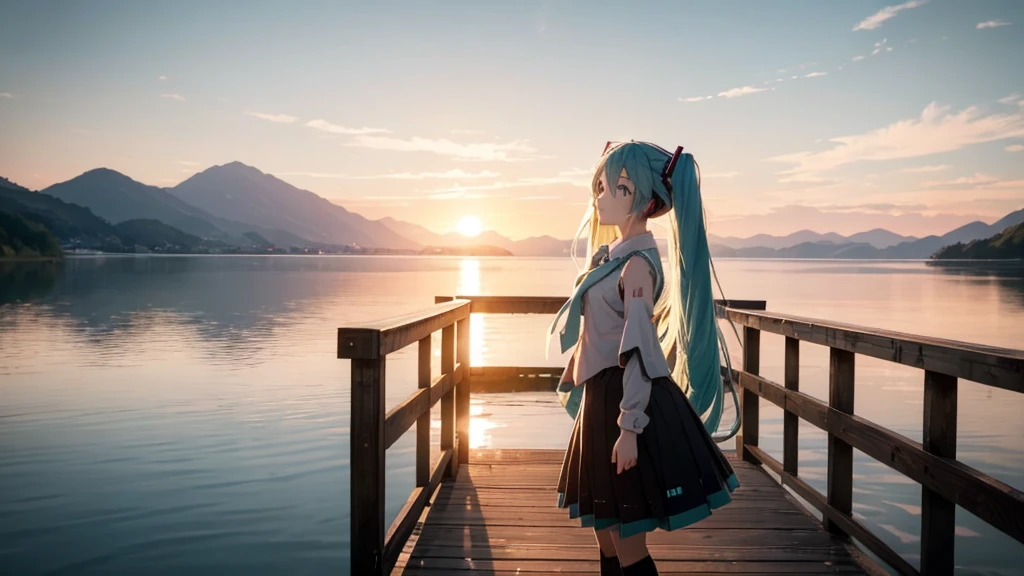 Hatsune Miku in the sunset、Standing on a wooden bridge beside a quiet lake。She is close to the camera、Gazing into the distance with a calm expression。Her hair flutters in the wind、In the background is a calm lake and a sunset sky.。This scene、It expresses a calm and emotional atmosphere that connects the past and the present.。