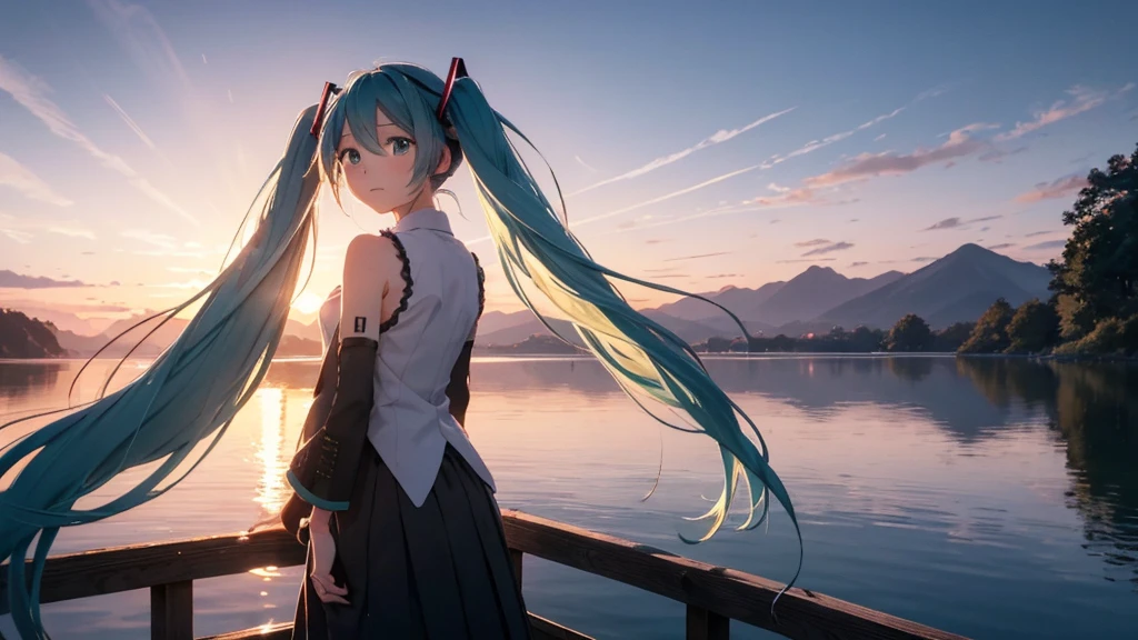 Hatsune Miku in the sunset、Standing on a wooden bridge beside a quiet lake。She is close to the camera、Gazing into the distance with a calm expression。Her hair flutters in the wind、In the background is a calm lake and a sunset sky.。This scene、It expresses a calm and emotional atmosphere that connects the past and the present.。