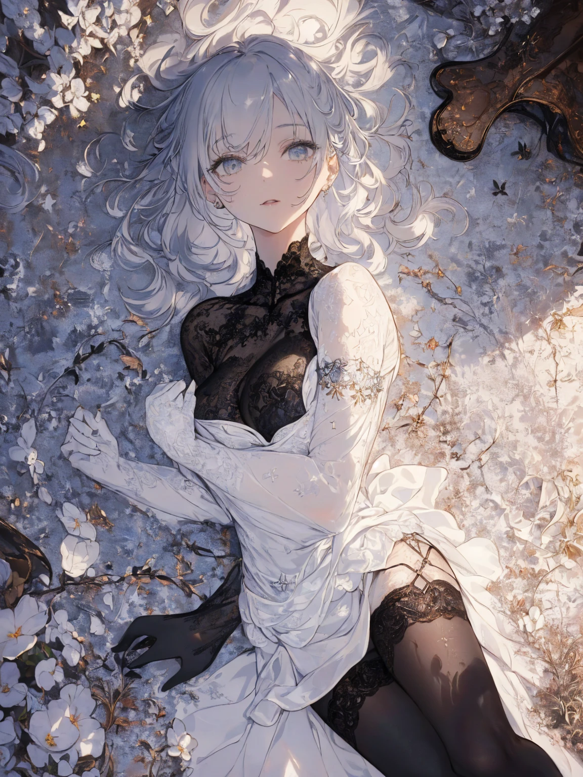 (Landscape photo, with a woman in the bottom right of photo:1.5, in white garden:1.5), Masterpiece, best quality, (very detailed CG unity 8k wallpaper), (best quality), High definition RAW color art, Animation,sculptures, (black Marble Skin), (((Ultra detailed elegant))), Magical atmosphere, Detailed skin, Texture,(Intricately detailed, Fine detail, ultra-detail art), depth of fields, Bokeh, Silky Touch, Hyper Detail, beautiful eyes, elegant face, (lying on floor, upper body focus), sparkle background, enormous breast:1.3, lingerie, (silver hair), pure white, pose, muscle, embarrassing face