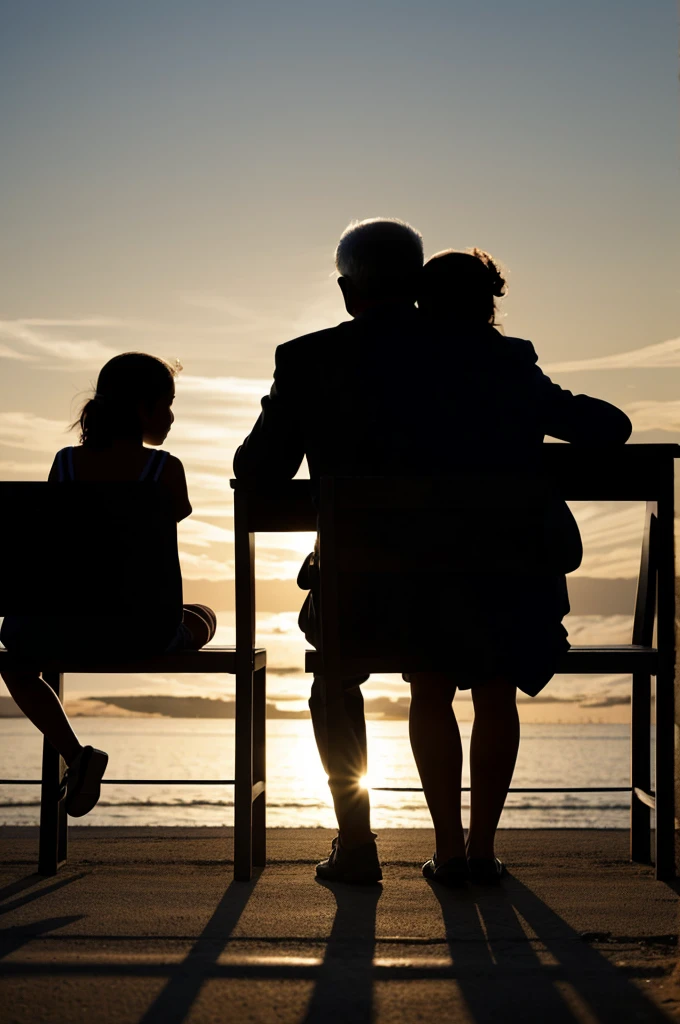 Silhouette of two girls and their grandfather sitting with their backs to each other in shadow