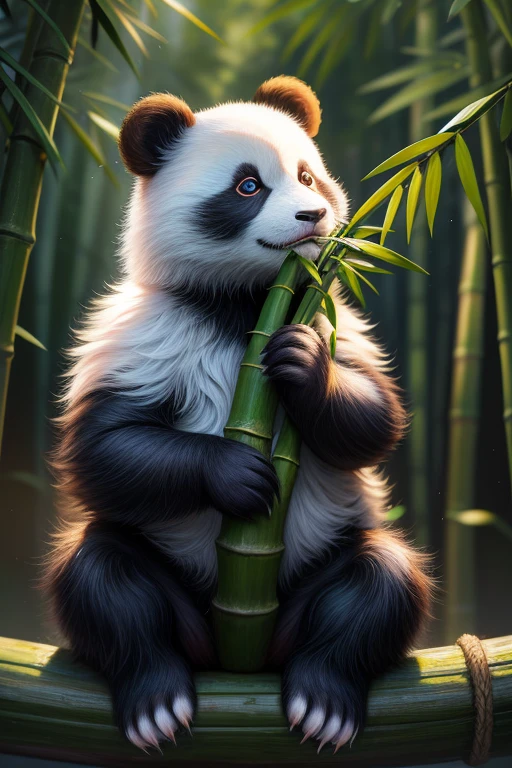 (best quality, highres:1.2), 1 subject, realistic panda, eating bamboo, gazing at a phone, detailed fur texture, mid:digital painting, vibrant colors, HDR, natural lighting, extreme detail description, wildlife, sitting, leaning on a tree, gaze away from the viewer, facing profile, showing teeth, playful expression, cute, adorable, outdoor setting, bamboo forest, cell phone in paw, paw on screen, real-life depiction, digital artwork, created by Kim Jung-geun, assisted by Jang Sung-hoon, Lee Jae-gyu at the Art Station Pisif, Ju Young-seok at