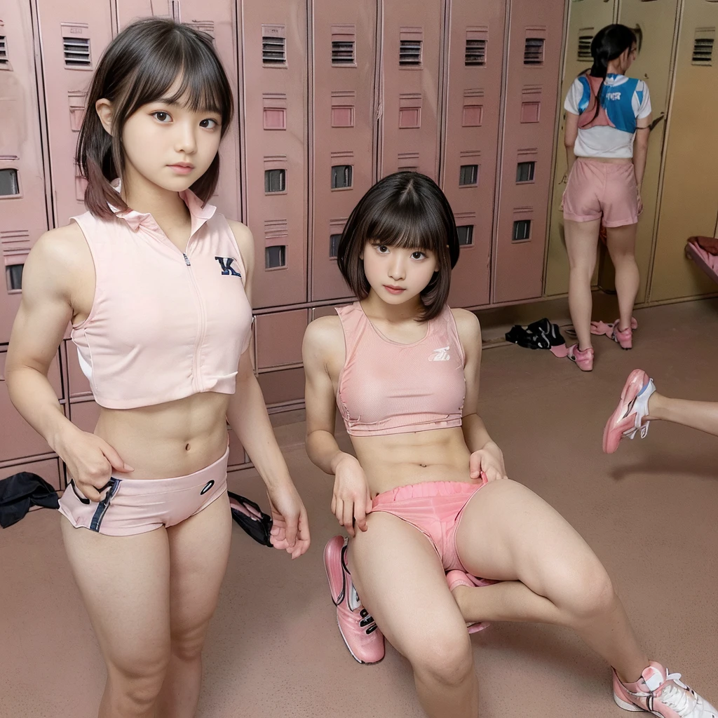 Highest quality,masterpiece,Very detailed, 8k,a beautiful Japanese woman:1.5, blunt bangs, Small face, (Detailed pink uniform of Keiai High School track and field team:1.5), Very disdainful look、 ((Muscular woman in the locker room:1.5))