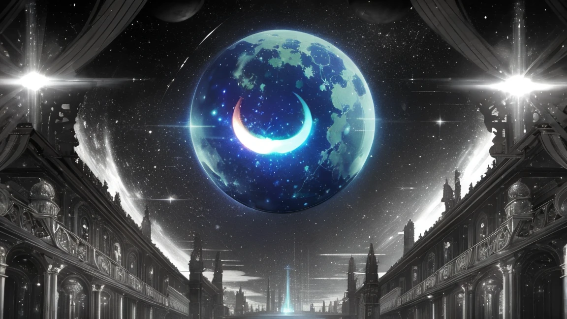 Create an image of a night sky with celestial bodies, inspired by a retro, mechanical stage set design. The scene should include intricate gears and machinery that appear to control the movement of the stars and planets. The stars should be depicted as if they are hanging from the ceiling by piano wires. The backdrop is a deep, starry sky with prominent celestial spheres, reminiscent of an old astronomical map. The foreground features whimsical, slightly vintage buildings and pine trees, with a magical, otherworldly atmosphere.
