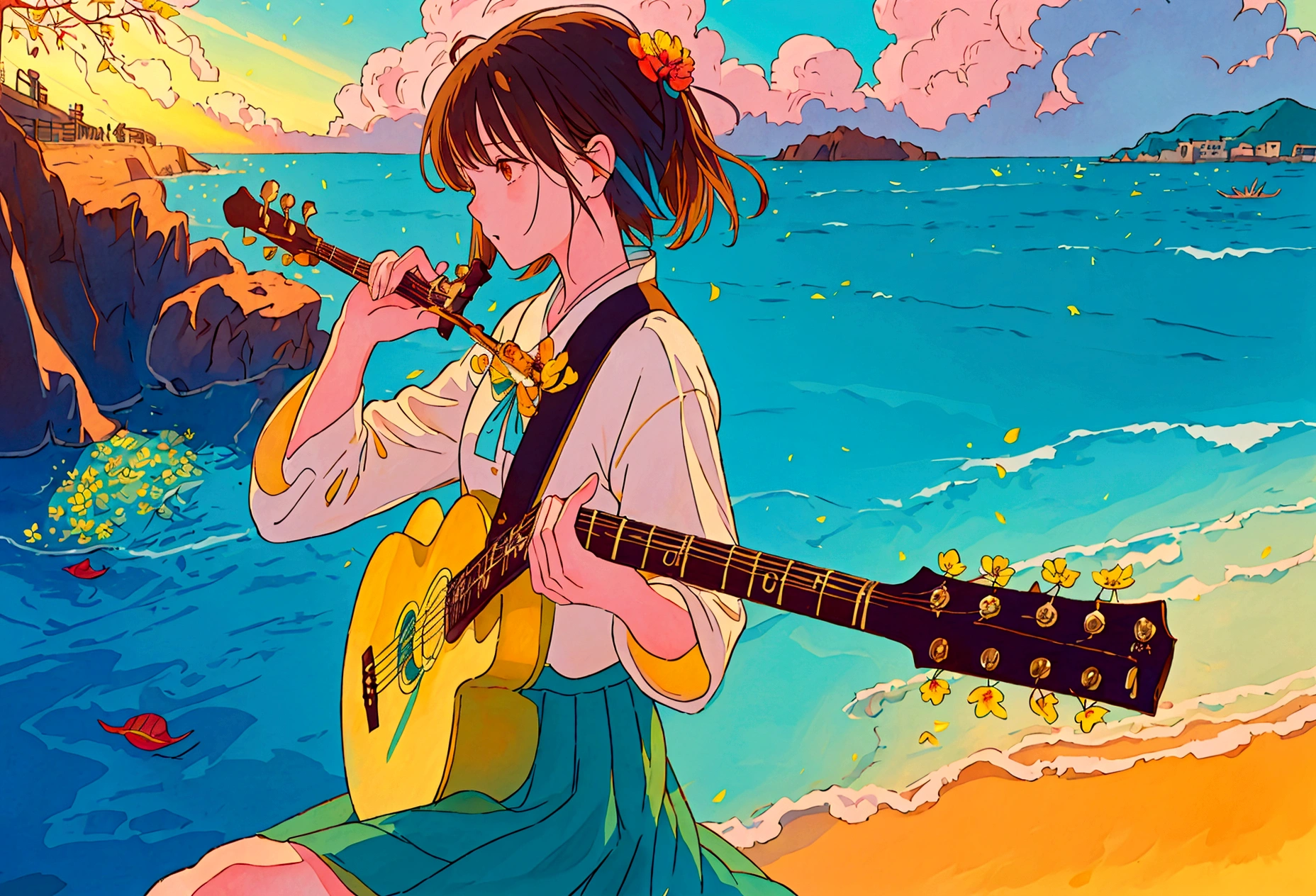 Blues, One girl, musical instrument, flower, alone, Outdoor, Brown Hair, Sitting, guitar, cloud, null, shoes, flowerびら, short hair, Day, wood, music, Blurred foreground, Blurred, shirt, blue null, playing musical instrument, orange flower, scenery, Wind, holding musical instrument, amplifier, Depth of written boundary, yellow flower, jack Jhonson, Wide Shot, Green Skirt, profile, leaf, fence, cloudy null, Ocean, Studio Ghibli Style HMC, 夕暮れ時に棚に座ってguitarを弾く少年, Wallpaper 8k, guitarを弾く, LOFI Girl,(Warm, vibrant colors), (soft, Golden Light), (Sparkling reflections on the water), Anime Style，Ocean，Oceanのビーチ，ココナッツのwood, Illustrator