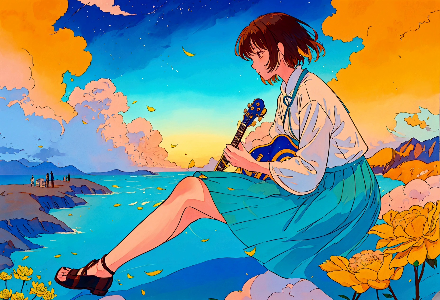 Blues, One girl, musical instrument, flower, alone, Outdoor, Brown Hair, Sitting, guitar, cloud, null, shoes, flowerびら, short hair, Day, wood, music, Blurred foreground, Blurred, shirt, blue null, playing musical instrument, orange flower, scenery, Wind, holding musical instrument, amplifier, Depth of written boundary, yellow flower, jack Jhonson, Wide Shot, Green Skirt, profile, leaf, fence, cloudy null, Ocean, Studio Ghibli Style HMC, 夕暮れ時に棚に座ってguitarを弾く少年, Wallpaper 8k, guitarを弾く, LOFI Girl,(Warm, vibrant colors), (soft, Golden Light), (Sparkling reflections on the water), Anime Style,Ocean,Oceanのビーチ,ココナッツのwood, Illustrator