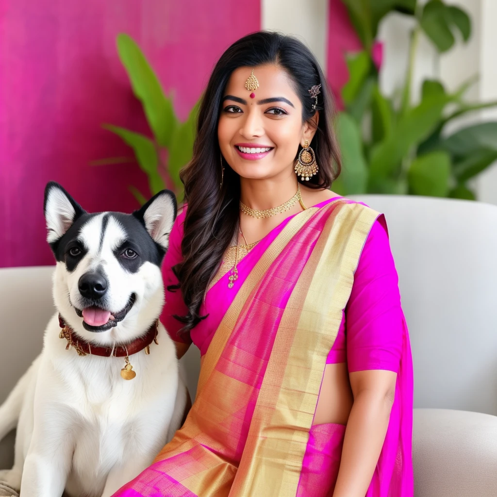 smiling woman sitting on a couch with a dog and a cotton saree, 🦩🪐🐞👩🏻🦳, colourful, beautiful look, with lovely look, omg, f2, f 2, ad image, official, stylish pose, [ colourful, nag, cute beautiful, very extremely beautiful, beautiful cute, candid picture, a still of a happy, actress