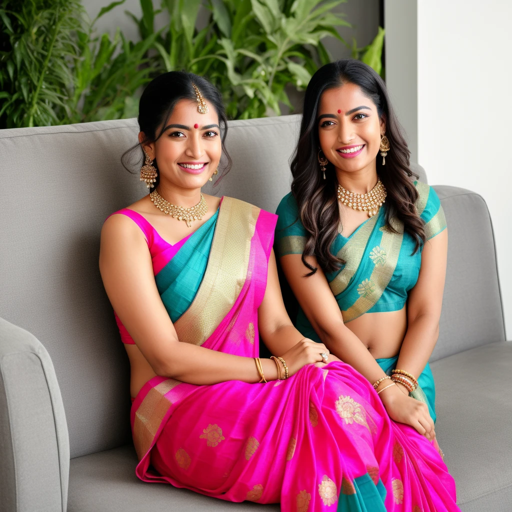 smiling woman sitting on a couch with a dog and a cotton saree, 🦩🪐🐞👩🏻🦳, colourful, beautiful look, with lovely look, omg, f2, f 2, ad image, official, stylish pose, [ colourful, nag, cute beautiful, very extremely beautiful, beautiful cute, candid picture, a still of a happy, actress