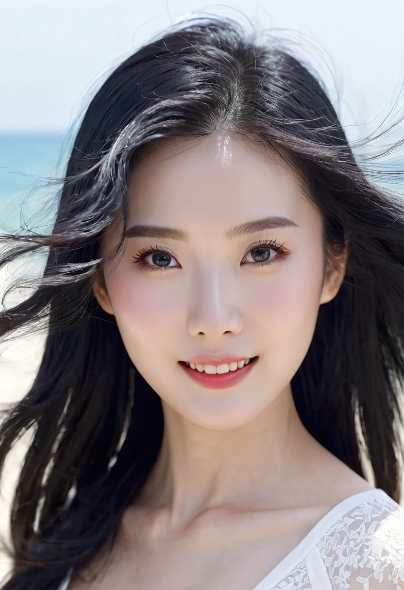 Pretty Chinese woman, The wind blows black hair, Shining eyes, Practical, masterpiece, High Detail, 4k, Beach Background, High Detail light, Little Smile, White skin