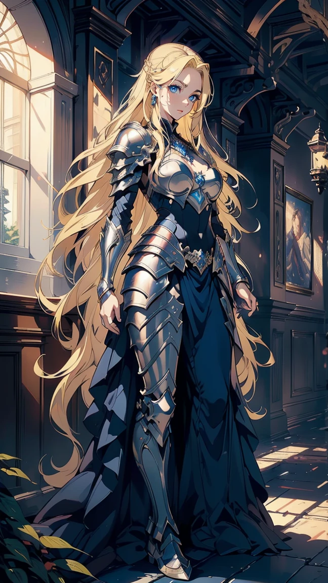 (masterpiece),((Highly detailed blonde long hair)),((expressive blue eyes)),Highly detailed armor,serious expression,mature woman,milf,beautiful castle at night,pale white skin,best quality,cel shading, best quality, fullbody view