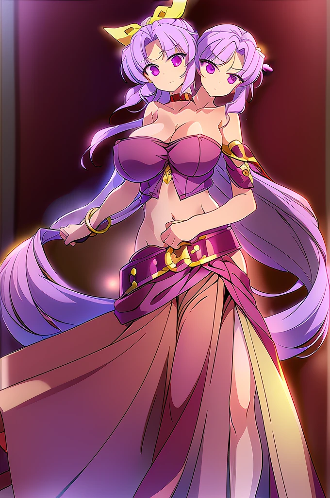 (masterpiece, best quality), best quality, (ultra-detailed), (3heads:1.5), 1girl, (watatsuki no yorihime:1.3), masterpiece, best quality, ultra quality, ultra resolution, ultra detail, dark red top, small crop top, ((stomach)), midriff, ((groin)), open midriff, dark red skirt, miniskirt, normal ears, shackles, light purple hair, tied into a ponytail, very long hair, wavy hair, sidelocks, purple eyes, parted lips, sweat, cute, open belly, toned belly, hand on own chest, eyelashes, (24 year old woman:1.3), (masterpiece:1.5), (best quality:1.5), (beautiful detailed), extremely detailed CG, extremely delicate and beautiful, depth of field, (finely detailed face), (perfect details:1.2), (mature female:1.3), wide pelvis, slender, large veiny breast, 16k resolution, highres, very high quality, very high definition, extremely detailed, masterpiece, light purple hair, long hair, alluring presence, braid, short skirt, close up, big tits, young, white bonnet, red bow, open belly, midriff, nsfw,