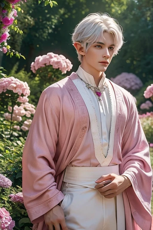 best quality,masterpiece,Ultra high detail,A handsome muscular fractal white hair forest elf druid prince, Short hair,,),(wearing pink and Magenta wardrobe with jewelry ),realistic, flower garden forest wonderland background, light environment , in action , 