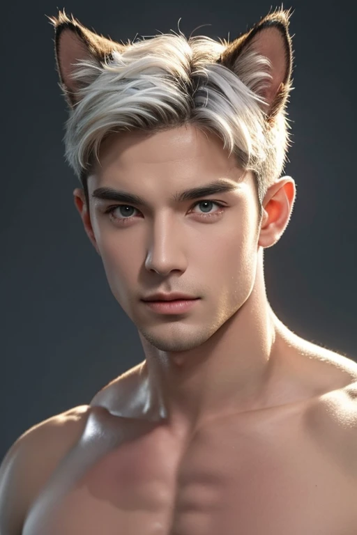 4k, high resolution, best quality, masterpiece, perfect color, perfect shade, perfect lighting, Posted by e621, ((portrait)), ((handsome man)), perfect male figure, Short hair details，chest muscles，abdominal muscles，Naked torso，Detailed face, perfect face, (stood up), Detailed background, ((Bonifasco Lighting)), (delicate cat eyes),(animal ears cat),white hair