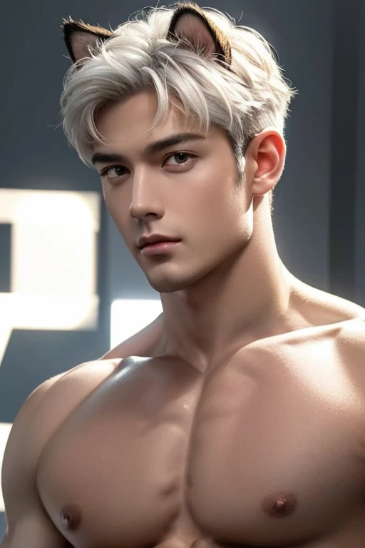 4k, high resolution, best quality, masterpiece, perfect color, perfect shade, perfect lighting, Posted by e621, ((portrait)), ((handsome man)), perfect male figure, Short hair details，chest muscles，abdominal muscles，Naked torso，Detailed face, perfect face, (stood up), Detailed background, ((Bonifasco Lighting)), (delicate cat eyes),(animal ears cat),white hair