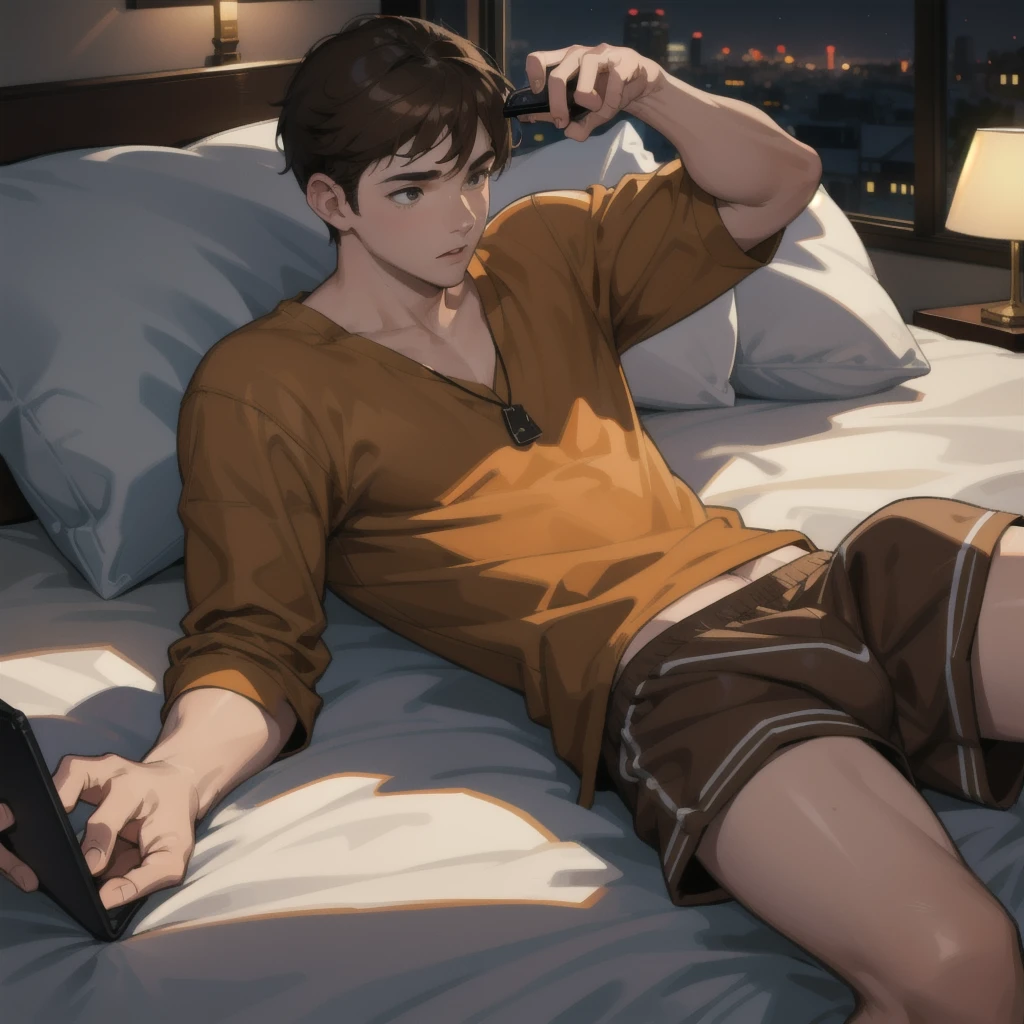 Boy, brown hair, boxers, lying on bed, holding phone, night time, lamp, hand in boxers, bedtime, in bed