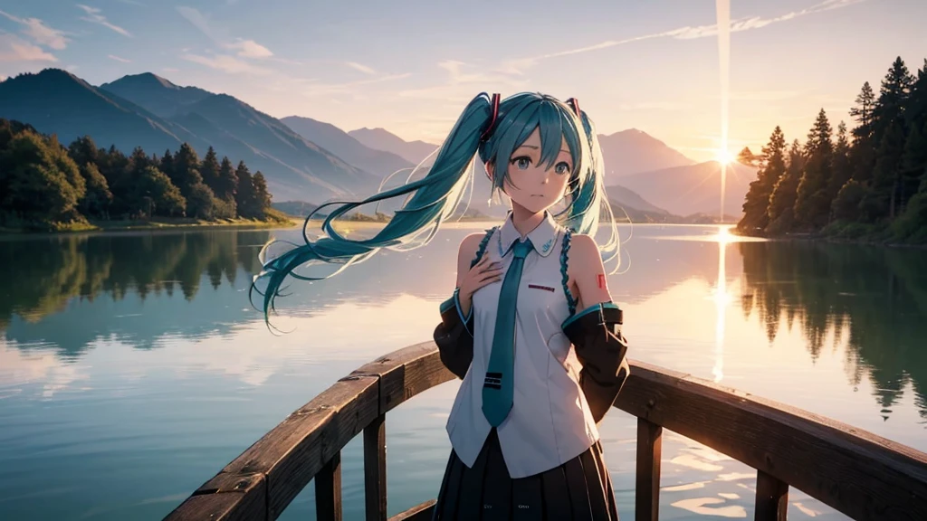 Hatsune Miku in the sunset、Standing on a wooden bridge beside a quiet lake。She is close to the camera、Gazing into the distance with a calm expression。Her hair flutters in the wind、In the background is a calm lake and a sunset sky.。This scene、It expresses a calm and emotional atmosphere that connects the past and the present.。