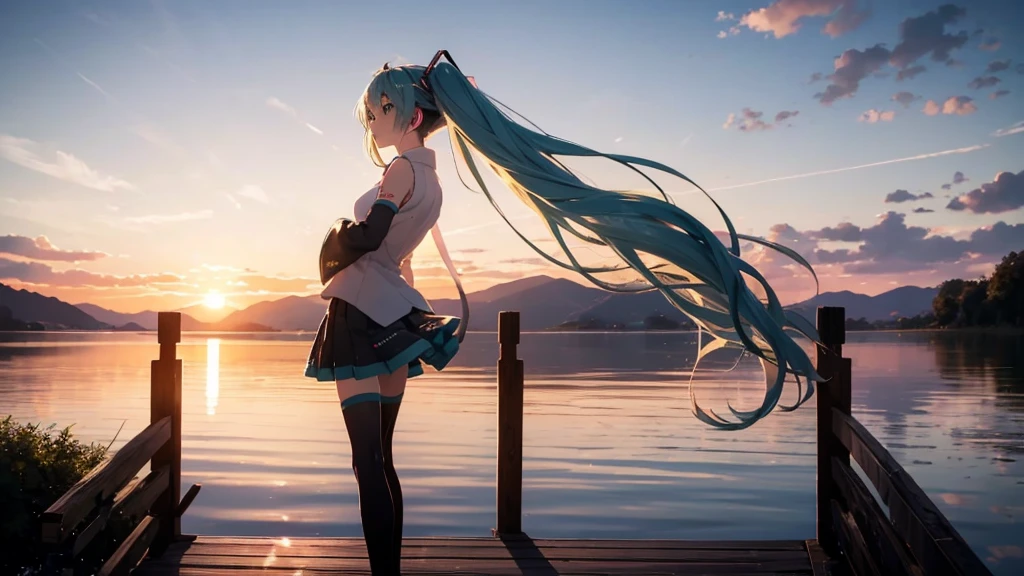 Hatsune Miku in the sunset、Standing on a wooden bridge beside a quiet lake。She is close to the camera、Gazing into the distance with a calm expression。Her hair flutters in the wind、In the background is a calm lake and a sunset sky.。This scene、It expresses a calm and emotional atmosphere that connects the past and the present.。