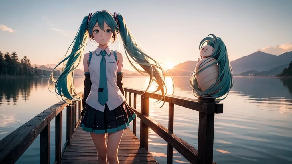 Hatsune Miku in the sunset、Standing on a wooden bridge beside a quiet lake。She is close to the camera、Gazing into the distance with a calm expression。Her hair flutters in the wind、In the background is a calm lake and a sunset sky.。This scene、It expresses a calm and emotional atmosphere that connects the past and the present.。