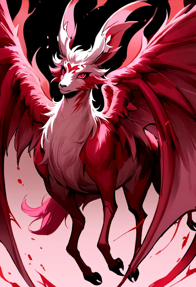 The flying fox that like a goat and salamender  , flying fox wings , 4 legs , ears , horn , orang white aura , red liquid pink eyes , pink scale , scarft , sharp nail , not a human