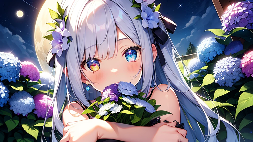 Best quality、Photorealistic、Ultra-detailed、delicate、Orderly、High Detail、Bluish Silver Short Bob、(Drooping heterochromia iris,glowing eyes、Sparkling Eyes:1.3)、slender、(One girl:1.2)、(moon、night、Night Sky、Dark Night、Glowing Hydrangea、Mysterious Light、Girl hugging herself:1.3)、Ambient Occlusion、Ambient Light、Ray-traced Reflections、Glow、Shiny Hair、
